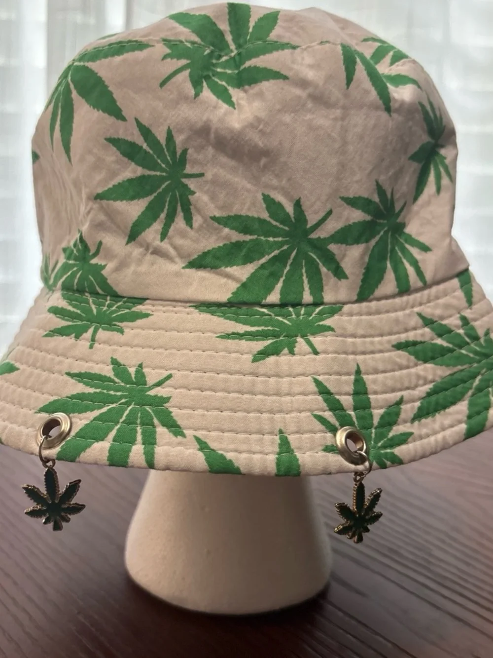 Beige Bucket Hat with Green Leaf Print - Fashion Women's Accessory